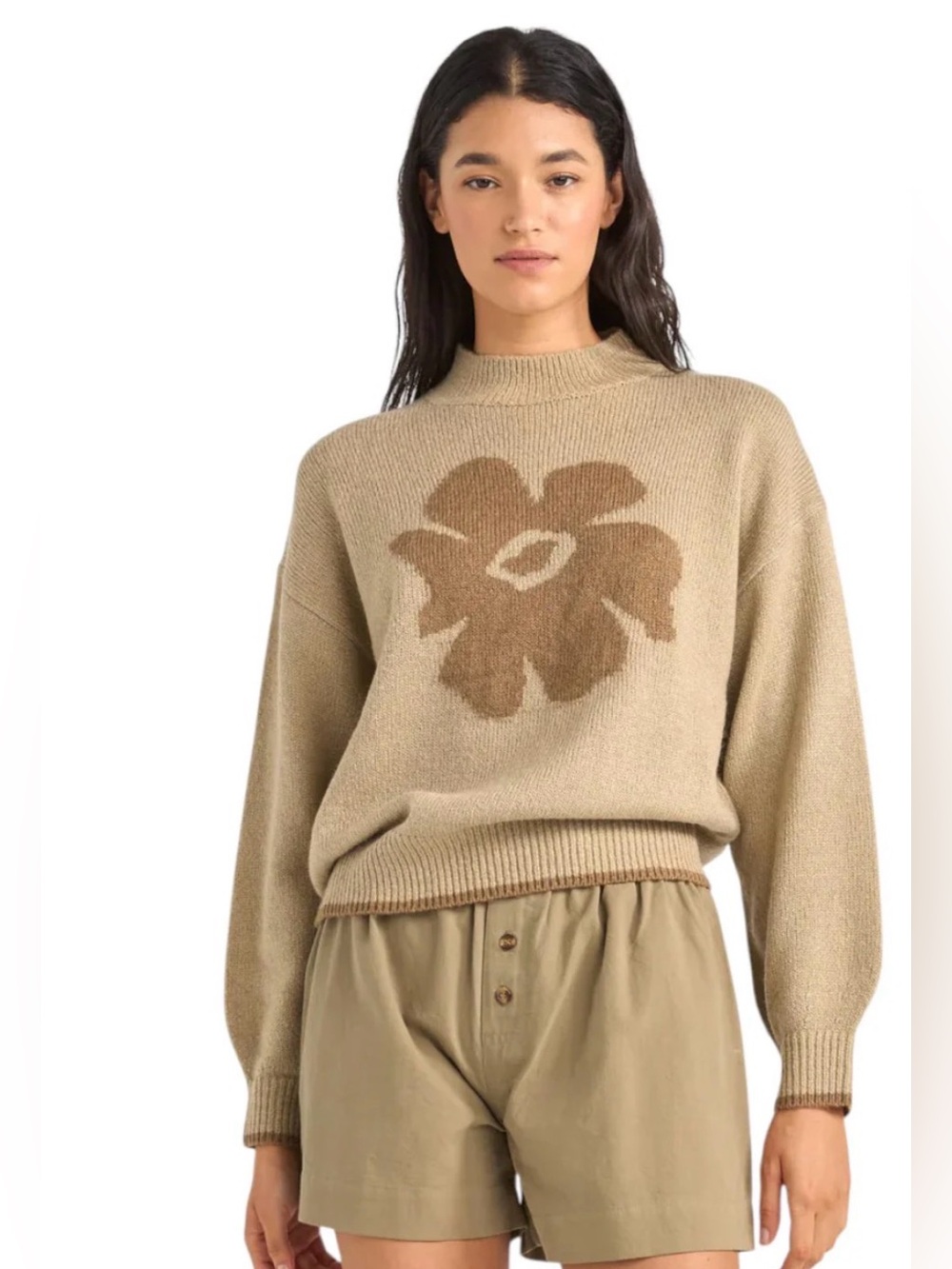RHYTHM Flower Sweater Beige Mock Turtle Neck Blend M Brown Jumper Boho Aussie